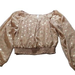 Sheer Cream Crop Top Puffy Long Sleeve Gold Blouse Xhilaration